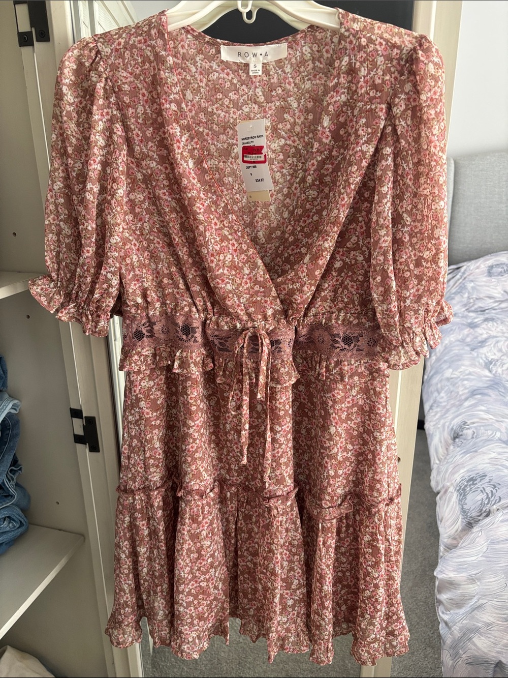 ROW.A Dusty Rose Floral Tie-Waist Mini Dress